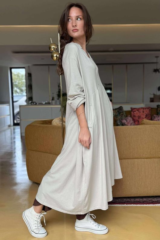 Made in Italy Donegal Cotton Jersey Smock Dress Stone